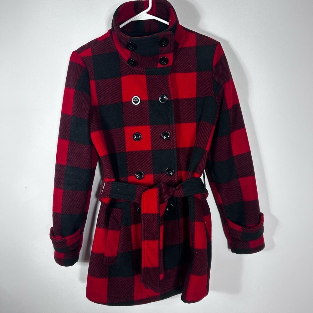Ike Behar Red Buffalo Plaid Belted Button Up Pea Coat Size S